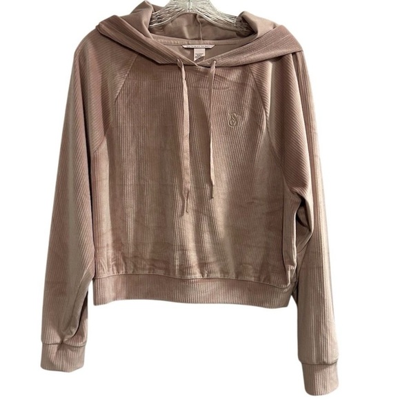 Victoria's Secret Tops - Victoria's Secret Women's Pink/Beige Ribbed Velour Hoodie Jacket Size M